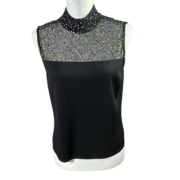 St. John Black Knit Sleeveless Top with Beaded Embellishments Sz Small - Picture 1 of 11